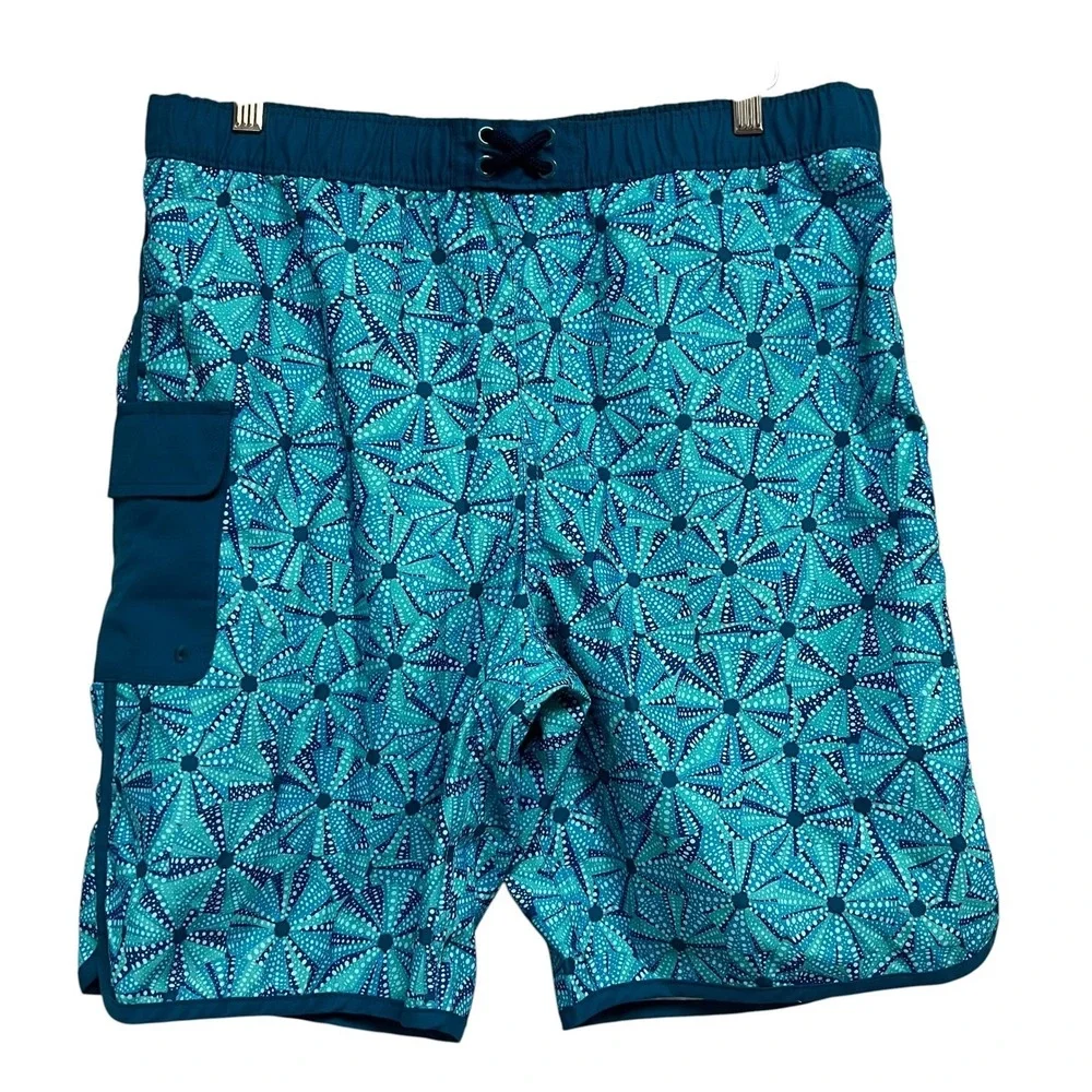 Lands End Swim Trunks Mens XXL Blue Teal Starburst Cargo Pocket Nautical Summer